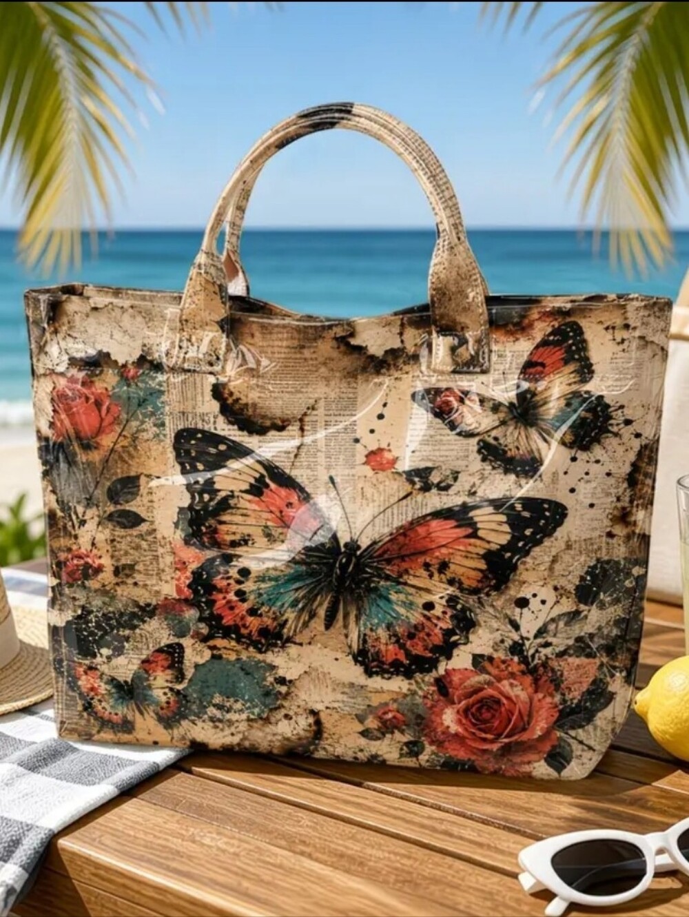 Beautiful Butterfly Newspaper Print Large Tote Bag - Picture 5 of 9